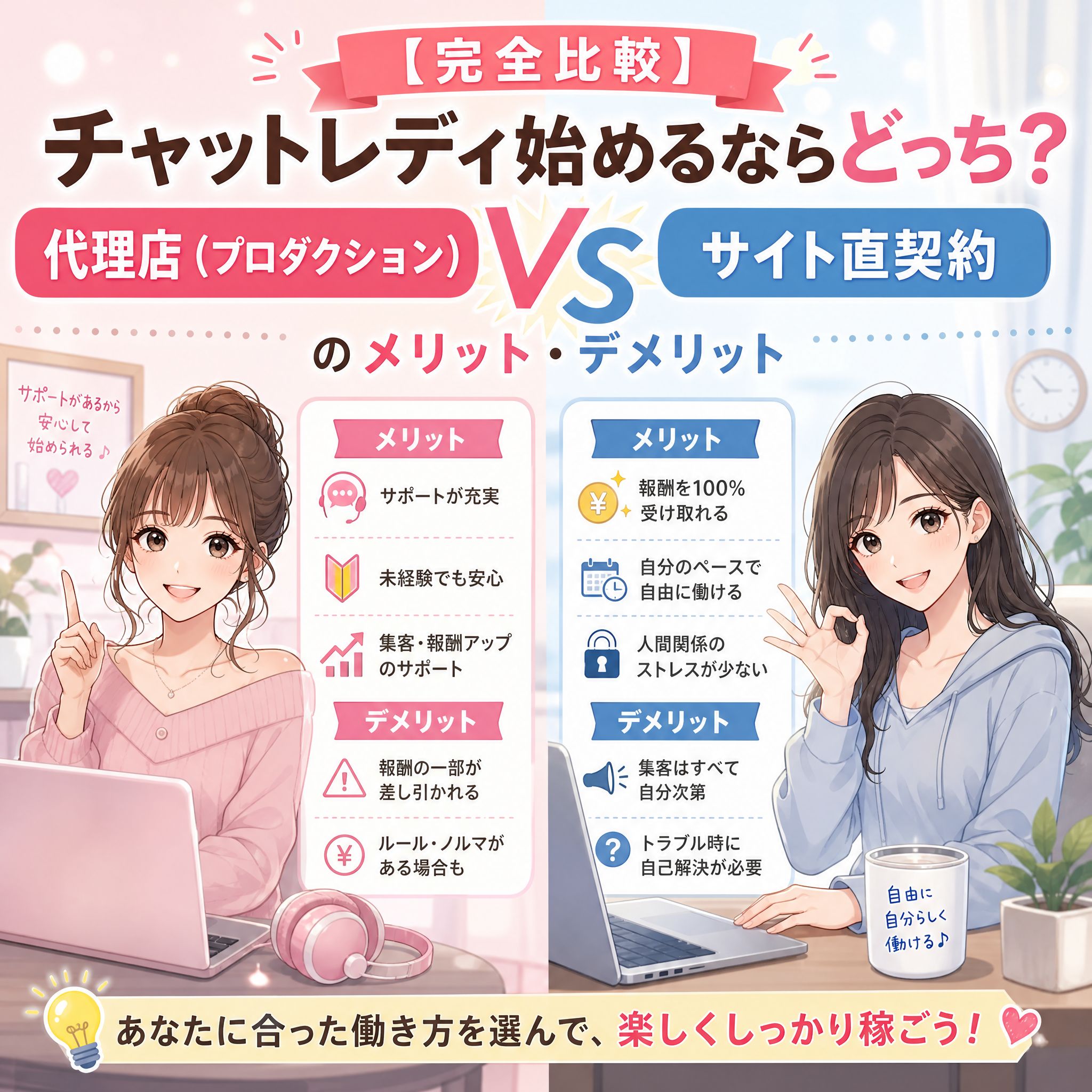 【完全比較】チャットレディ始めるならどっち?「代理店(プロダクション)」VS「サイト直契約」のメリット・デメリット