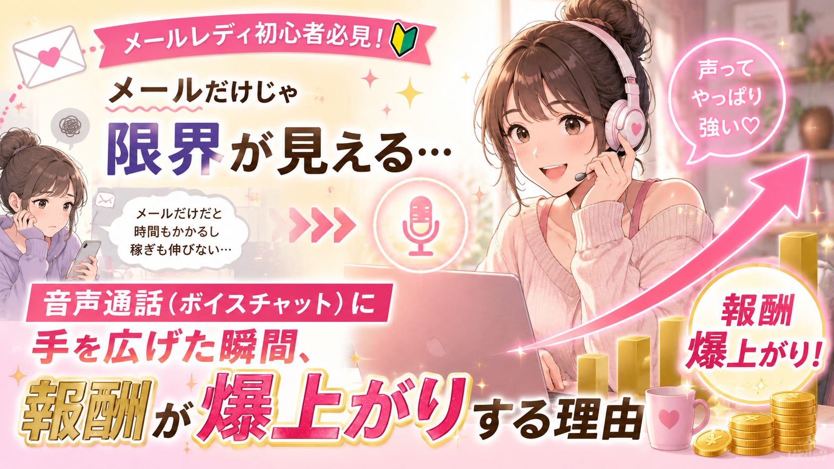 メールレディ初心者必見!メールだけじゃ限界が見える…音声通話(ボイスチャット)に手を広げた瞬間、報酬が爆上がりする理由